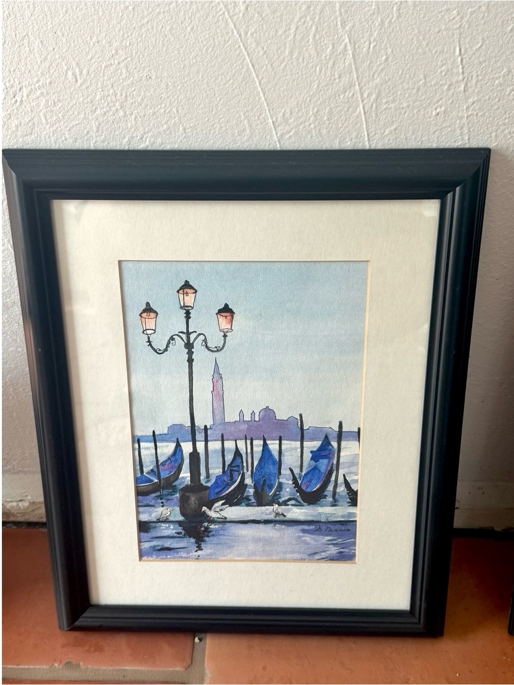 Watercolor Painting Paper Venice Canal San Marcos Gondolas Framed Donna Parris
